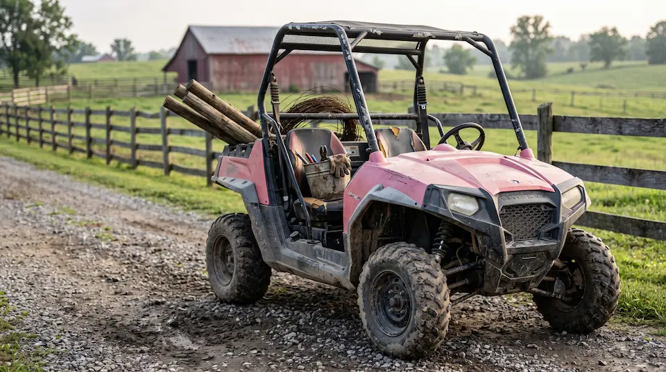 Hard-working side-by-side with faded, scratched plastics and fence posts in the bed, parked by a ranch fence