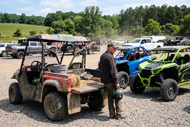 Rider holding a helmet beside his muddy, scratched utility side-by-side with hay in the bed, glancing at two glossy sport machines at a trail staging lot