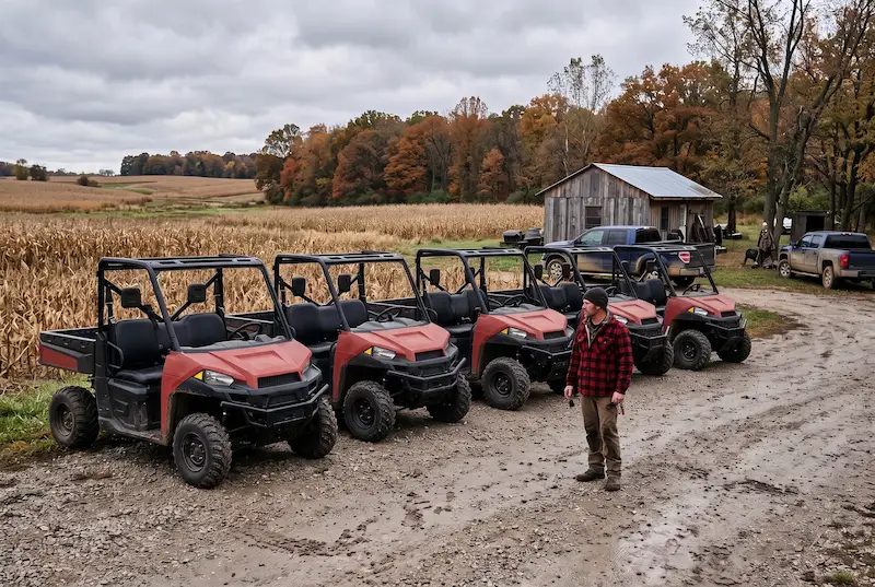 Rider with keys in hand looking along a row of five identical plain red side-by-sides at a hunting camp
