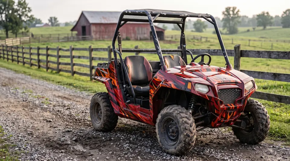 After: the same side-by-side with a bold red, orange and black flame graphic kit, looking ready to ride by the ranch fence